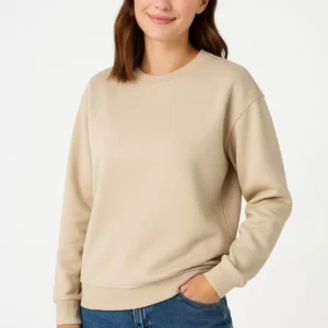 Kadın Üç İplik Düz Bisiklet Yaka SweatShirt - Bej