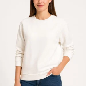 Kadın Üç İplik Düz Bisiklet Yaka SweatShirt - Beyaz