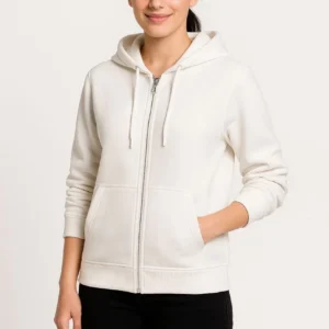 Alternative view of Kadın Üç İplik Kapüşonlu Tam Fermuarlı Kanguru Çepli SweatShirt Hoodie - Beyaz