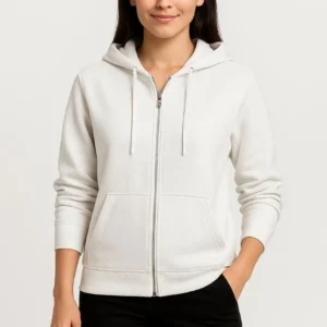 Kadın Üç İplik Kapüşonlu Tam Fermuarlı Kanguru Çepli SweatShirt Hoodie - Beyaz