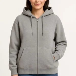Kadın Üç İplik Kapüşonlu Tam Fermuarlı Kanguru Çepli SweatShirt Hoodie - Gri