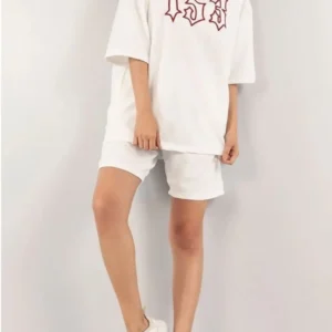 Alternative view of Kadın Unisex Nakış İşlemeli Şort Takım - Beyaz