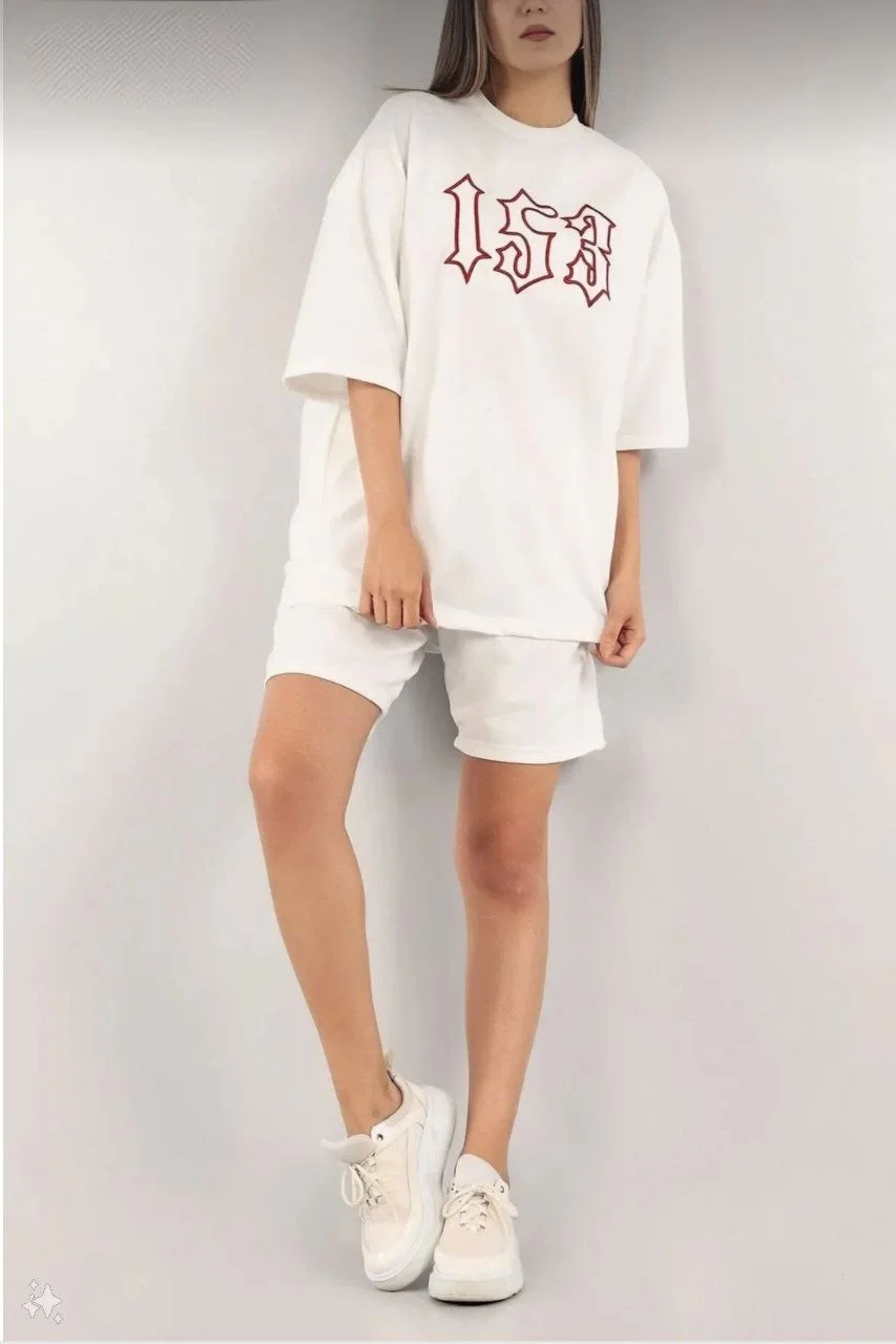 Kadın Unisex Nakış İşlemeli Şort Takım - Beyaz - Görsel 2