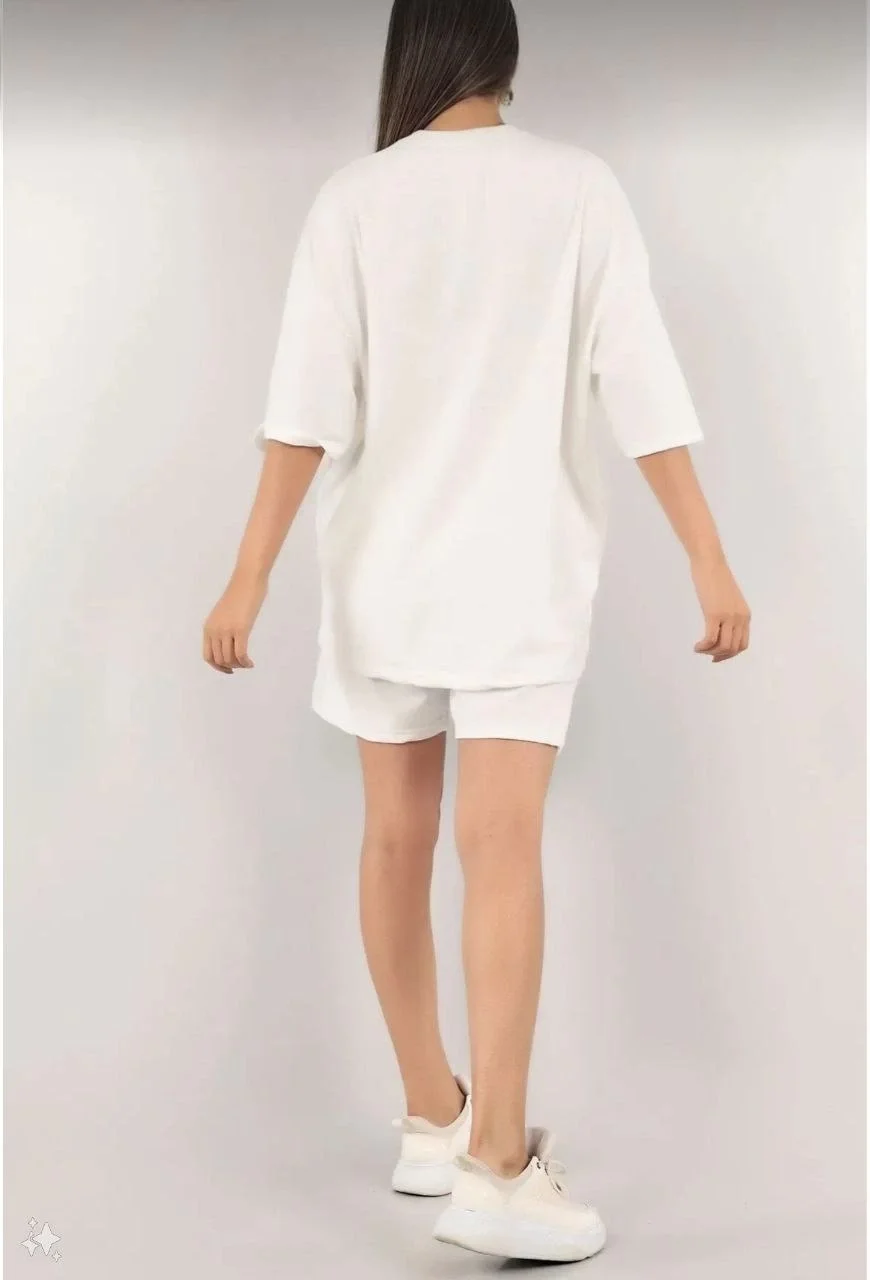 Kadın Unisex Nakış İşlemeli Şort Takım - Beyaz - Görsel 4