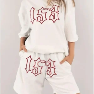 Kadın Unisex Nakış İşlemeli Şort Takım - Beyaz