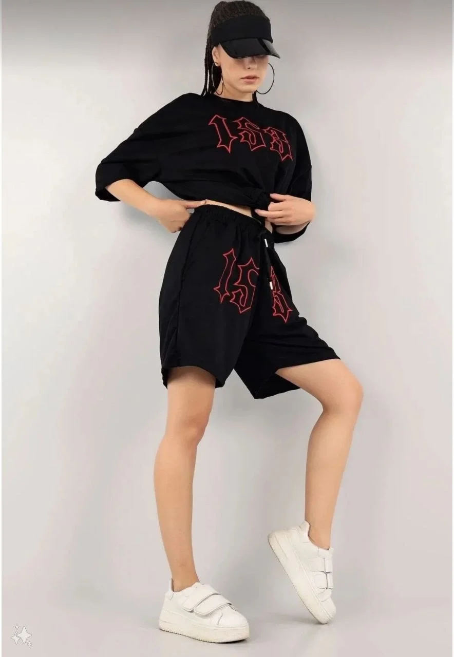Kadın Unisex Nakış İşlemeli Şort Takım - Siyah - Görsel 3
