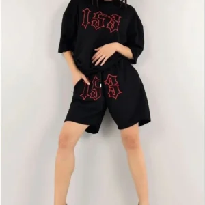 Alternative view of Kadın Unisex Nakış İşlemeli Şort Takım - Siyah