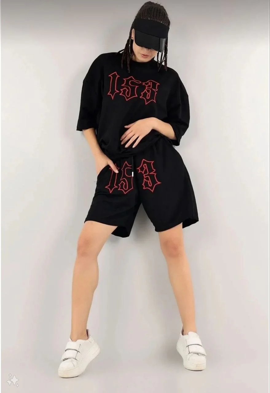 Kadın Unisex Nakış İşlemeli Şort Takım - Siyah - Görsel 2