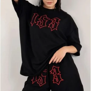 Kadın Unisex Nakış İşlemeli Şort Takım - Siyah