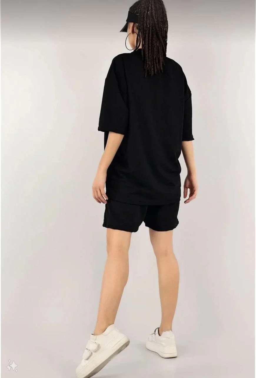 Kadın Unisex Nakış İşlemeli Şort Takım - Siyah - Görsel 4