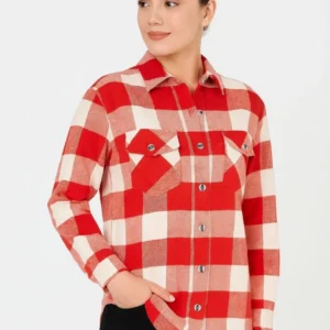 Kadın Oduncu Gömlek – Uzun Kollu, Şardonlu Kumaş, Kırmızı Beyaz Kareli Desen, Regular Fit, Çift Cepli, Manşetli Günlük Şık Stil - Bordo
