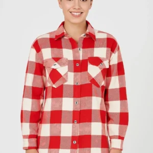 Alternative view of Kadın Oduncu Gömlek – Uzun Kollu, Şardonlu Kumaş, Kırmızı Beyaz Kareli Desen, Regular Fit, Çift Cepli, Manşetli Günlük Şık Stil - Bordo