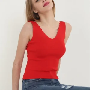 Alternative view of Kadın V Yaka Fırfır Detay Crop - Kırmızı