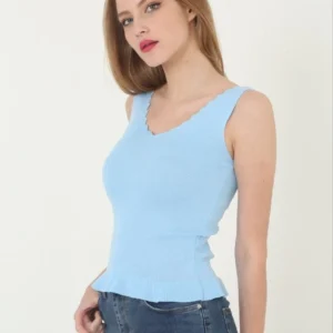 Alternative view of Kadın V Yaka Fırfır Detay Crop - Mavi