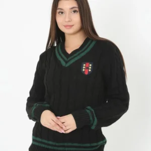 Kadın V Yaka Örgülü Kazak - Siyah