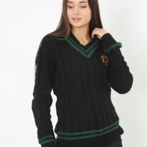 Alternative view of Kadın V Yaka Örgülü Kazak - Siyah