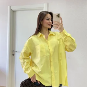 Alternative view of Poplin Kadın Yakalı Yandan Yırtmaçlı Arka Pens Detaylı Gömlek - Sarı