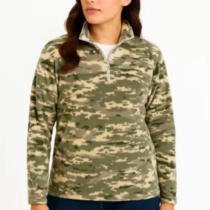 Kadın Yarım Fermuarlı Desenli Polar Sweat – Haki Kamuflaj Yakalı, Uzun Kollu, Oversize Rahat Kalıp - Haki