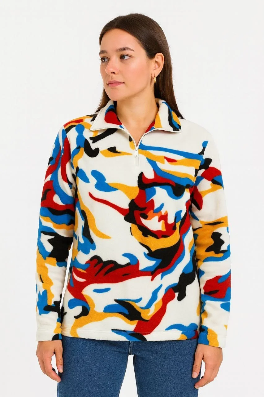Kadın Yarım Fermuarlı Desenli Polar Sweat – Renkli Abstract Desen Yakalı, Uzun Kollu, Oversize Rahat Kalıp - Beyaz - Görsel 3