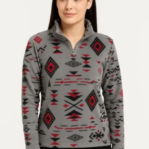 Kadın Yarım Fermuarlı Desenli Polar Sweat Tribal Etnik Desen Yakalı, Uzun Kollu, Oversize Rahat Kalıp - Füme