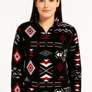 Alternative view of Kadın Yarım Fermuarlı Desenli Polar Sweat Tribal Etnik Desen Yakalı, Uzun Kollu, Oversize Rahat Kalıp - Siyah