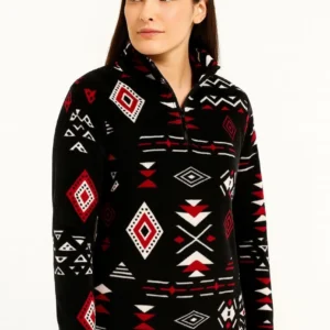 Kadın Yarım Fermuarlı Desenli Polar Sweat Tribal Etnik Desen Yakalı, Uzun Kollu, Oversize Rahat Kalıp - Siyah