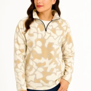 KADIN Yarım Fermuarlı Desenli Polar Sweat Yakalı, Uzun Kollu, Oversize Rahat Kalıp - Bej