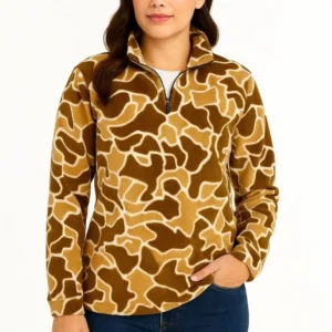 KADIN Yarım Fermuarlı Desenli Polar Sweat Yakalı, Uzun Kollu, Oversize Rahat Kalıp - Kahverengi