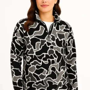 KADIN Yarım Fermuarlı Desenli Polar Sweat Yakalı, Uzun Kollu, Oversize Rahat Kalıp - Siyah