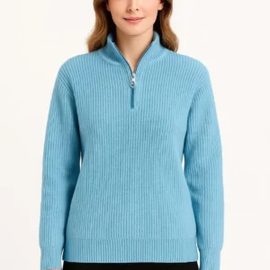 Alternative view of KADIN Yarım Fermuarlı Triko Kazak – Selanik Örgü, Dik Yaka, Pamuklu Dokuma, Oversize Uzun Kollu Kışlık Model - Bebe Mavisi