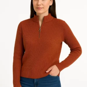 KADIN Yarım Fermuarlı Triko Kazak – Selanik Örgü, Dik Yaka, Pamuklu Dokuma, Oversize Uzun Kollu Kışlık Model - Kiremit