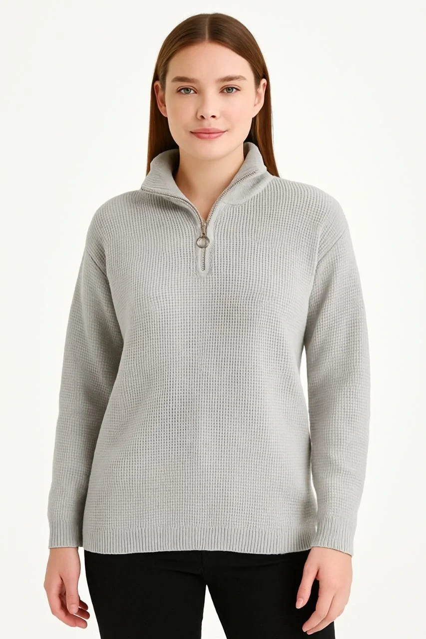 KADIN Yarım Fermuarlı Triko Kazak – Selanik Örgü, Dik Yaka, Pamuklu Dokuma, Regular Fit Uzun Kollu Kışlık Model - Gri - Görsel 2