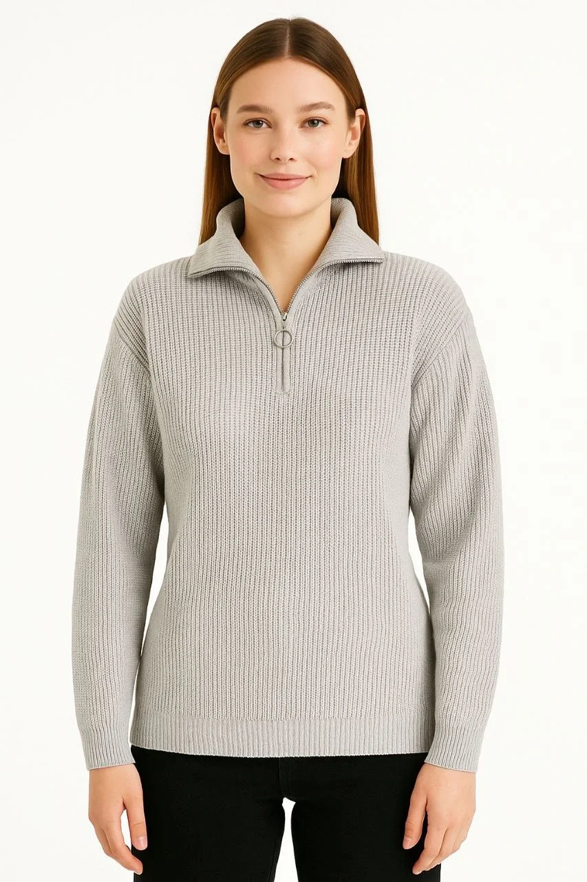KADIN Yarım Fermuarlı Triko Kazak – Selanik Örgü, Dik Yaka, Pamuklu Dokuma, Regular Fit Uzun Kollu Kışlık Model - Gri - Görsel 3