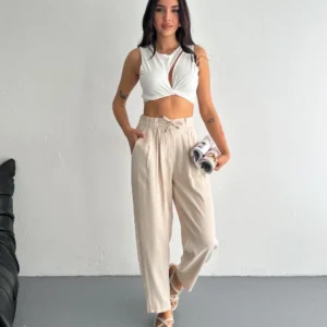 Alternative view of Kadın Yüksel Bel Beli Bağcıklı Rahat Boru Paça Pantalon - Kırık Beyaz