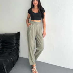 Alternative view of Kadın Yüksel Bel Beli Bağcıklı Cepli Rahat Paça Pantalon - Su Yeşili