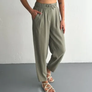 Kadın Yüksel Bel Beli Bağcıklı Cepli Rahat Paça Pantalon - Su Yeşili