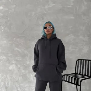 Alternative view of Kapüşonlu Üç İplik Penye Basic SweatShirt - Füme