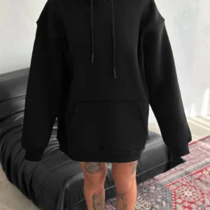 Kapüşonlu Üç İplik Penye Basic SweatShirt - Siyah