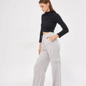 Kargo Cepli Palazzo Oversize Kesim İki iplik Bol Paça Eşofman Altı Pantalon - Gri