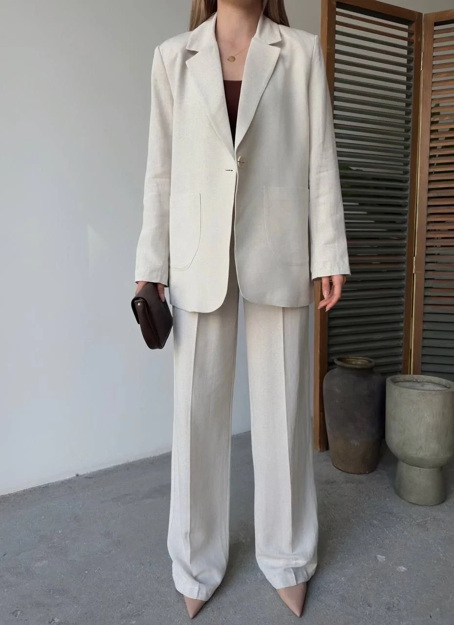 Keten Ceket Pantolon İlik Düğmeli Uzun Kollu Yırtmaçlı ikili Takım - Beyaz - Görsel 3