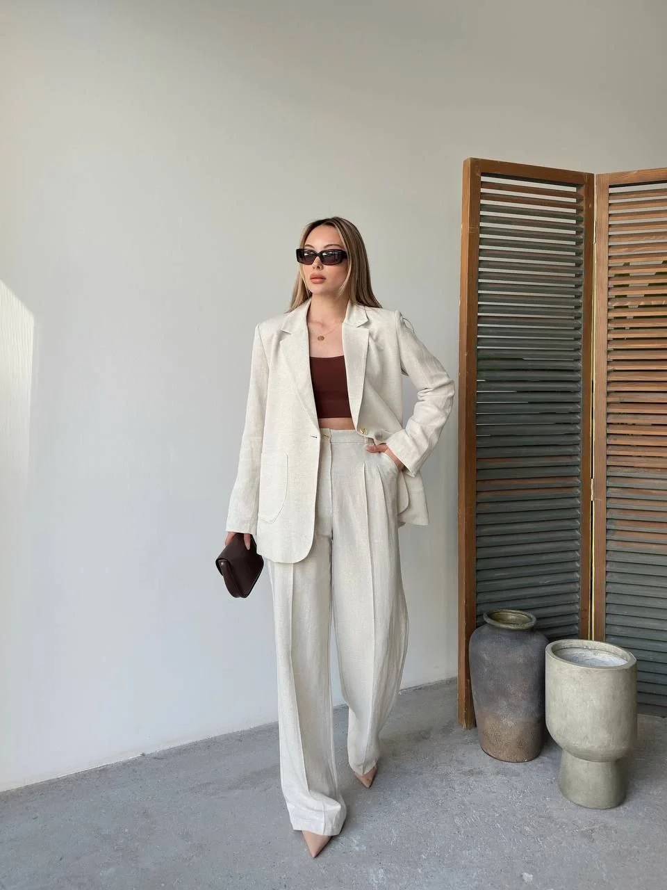 Keten Ceket Pantolon İlik Düğmeli Uzun Kollu Yırtmaçlı ikili Takım - Beyaz - Görsel 6