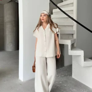 Alternative view of Keten Kısa Kollu Cepli Gömlek Pantolon ikili Takım - Beyaz