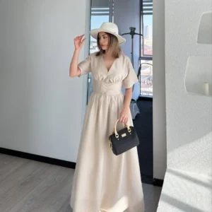 Alternative view of Kısa Kollu Uzun Elbise - Kırık Beyaz