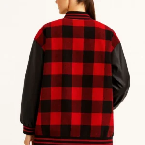 Alternative view of Kadın Kolej Ceket – Kareli Oduncu Kumaş, Kolları Suni Deri, Fermuarlı, İçi Kapitone Astarlı, Nakışlı Oversize Bahar & Kış Stil - Bordo