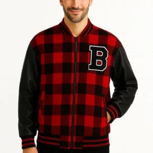 Erkek Kolej Ceket – Kareli Oduncu Kumaş, Kolları Suni Deri, Fermuarlı, İçi Kapitone Astarlı, Nakışlı Oversize Bahar & Kış Stil - Bordo