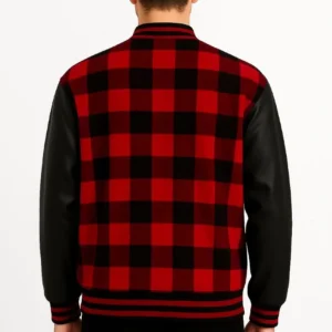 Alternative view of Erkek Kolej Ceket – Kareli Oduncu Kumaş, Kolları Suni Deri, Fermuarlı, İçi Kapitone Astarlı, Nakışlı Oversize Bahar & Kış Stil - Bordo