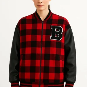 Kadın Kolej Ceket – Kareli Oduncu Kumaş, Kolları Suni Deri, Fermuarlı, İçi Kapitone Astarlı, Nakışlı Oversize Bahar & Kış Stil - Bordo