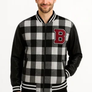 Erkek Kolej Ceket – Kareli Oduncu Kumaş, Kolları Suni Deri, Fermuarlı, İçi Kapitone Astarlı, Nakışlı Oversize Bahar & Kış Stil - Gri