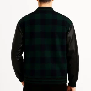 Alternative view of Erkek Kolej Ceket – Kareli Oduncu Kumaş, Kolları Suni Deri, Fermuarlı, İçi Kapitone Astarlı, Nakışlı Oversize Bahar & Kış Stil - Haki