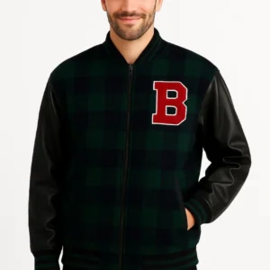 Erkek Kolej Ceket – Kareli Oduncu Kumaş, Kolları Suni Deri, Fermuarlı, İçi Kapitone Astarlı, Nakışlı Oversize Bahar & Kış Stil - Haki